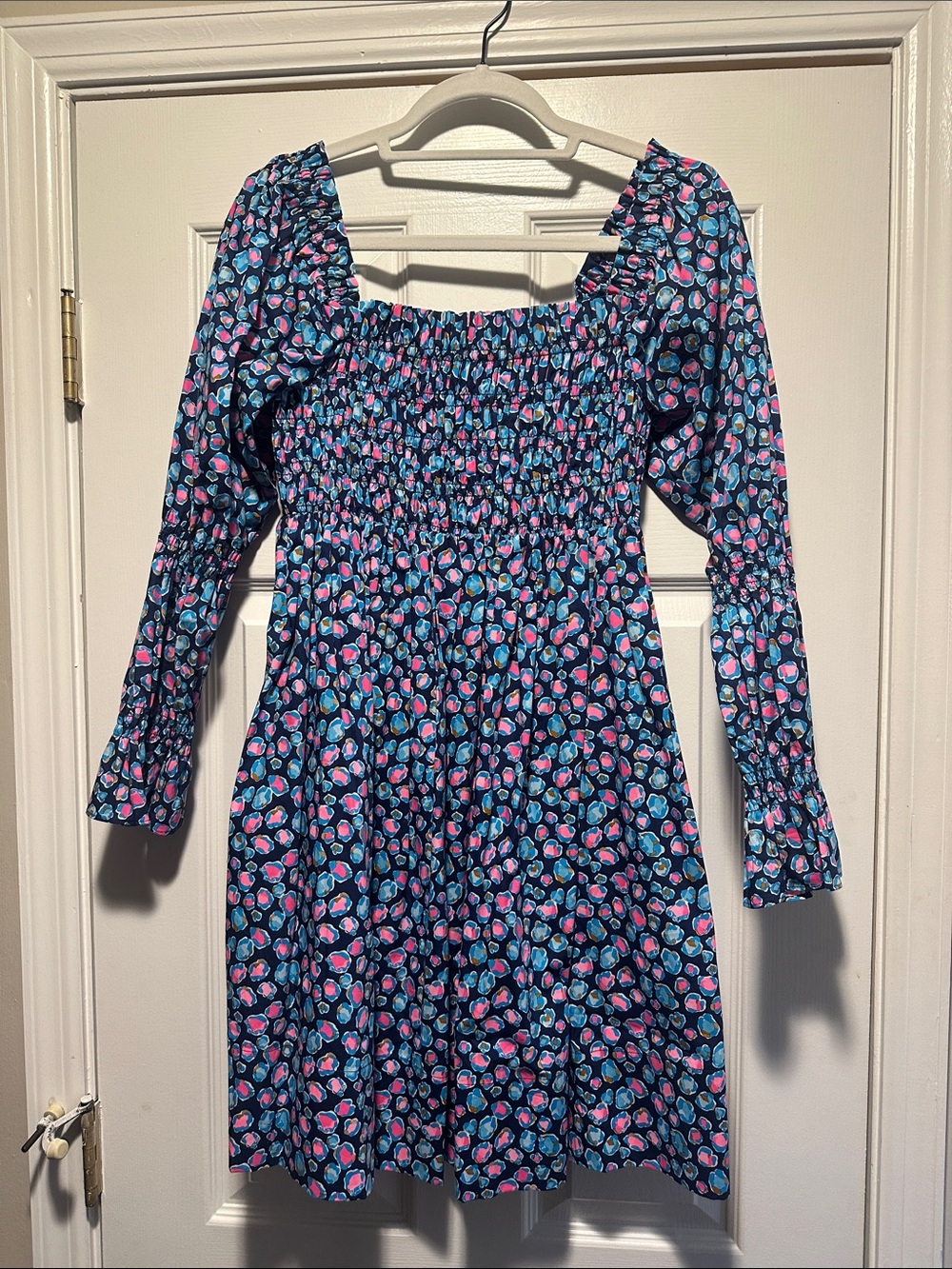 Lilly Pulitzer Navy Blue Smocked Dress with Pink & Teal Floral Print